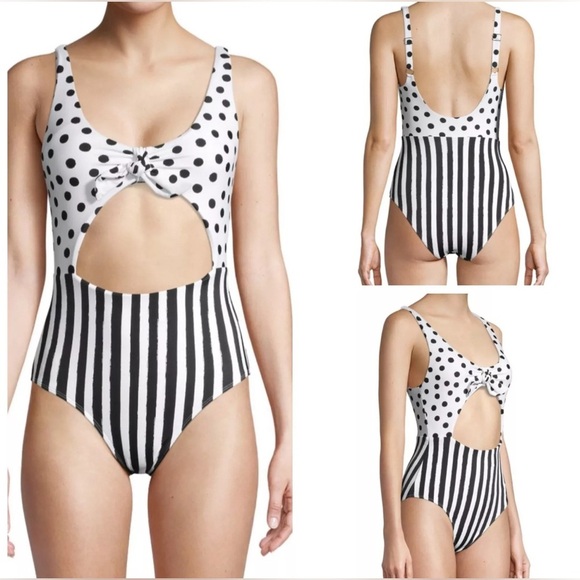 Pin-Up Polka Dot Striped Tie Front Keyhole Cheeky 1-Pc Swimsuit L White Black - Picture 1 of 15